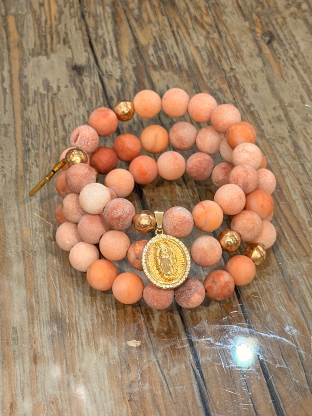 Gold Charm Peach Beaded Wrap Rosary Bracelet with the Holy Mother